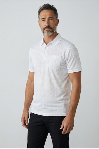 Erkek Simenti Yakalı Cepli Desenli Beyaz Tshirt