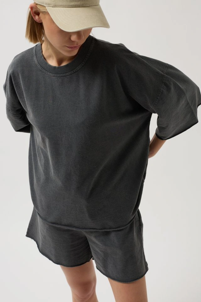 Buğrahayalin Oversize Lazer Kesim Bisiklet Yaka T-shirt Antrasit