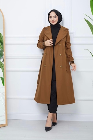 Bondit Kumaş Ribanalı Uzun Boy Trençkot / Kahverengi - M0110 Kahverengi