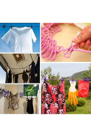 Zmc Bilişim Taşınabilir Seyahat Çamaşır İpi 12 Mandallı Klipsli Lastikli Çamaşır Mandalları Çok Renkli