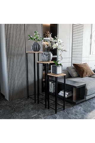 Dekoratif Saksılık 3'lü Takım - Metal Ayaklı Saksı Standı Yan Sehpa Atlantik Çam