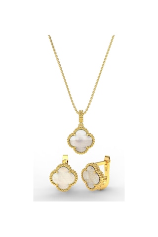 Erdobia 925 Ayar Beyaz Sedef Taşlı Gold Yonca Kolye Küpe 2'li Gümüş Set-takım
