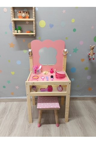 Ahşap Çocuk Güzellik Makyaj Masası Tabüreli