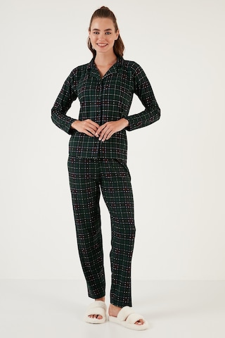 Lela Desenli Beli Lastikli Gömlek Yaka Dokuma Bayan Pijama Takımı 6095660W4 Yeşil