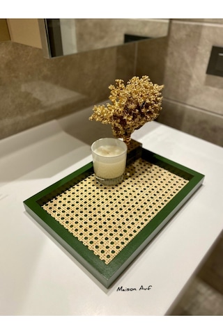 Rattan Hazeran Dikdörtgen Tepsi Yaprak Yeşili Renk %100 Doğal Hazeran M041