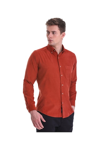 Hatemoğlu Kiremit Slim Fit Düz 100% Pamuklu Düğmeli Yaka Uzun Kollu Klasik Kiremit