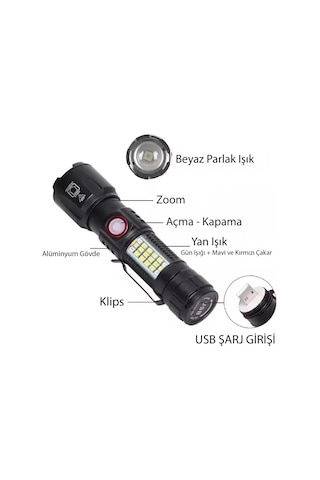 Ws-2828 Ultra Usb Şarjlı Polis El Feneri, Bekçi, Asker El Feneri Çok Renkli