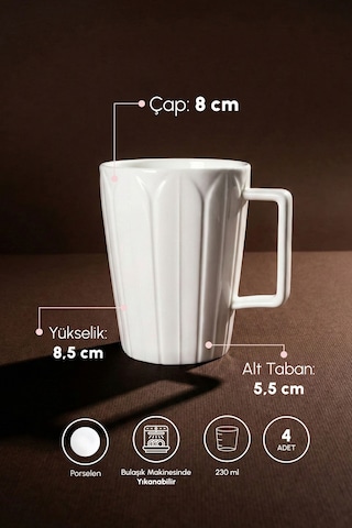 Pure Daisy 4'lü Saf Beyaz Porselen 230 Ml Kupa Seti Beyaz Beyaz