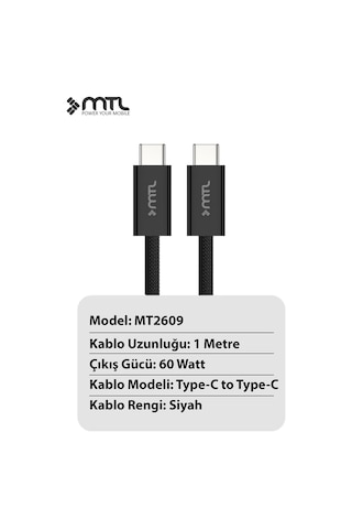 40w Pd Type-c To Type-c Silikon Hızlı Şarj Ve Data Kablosu 1 Metre Siyah Mt2609