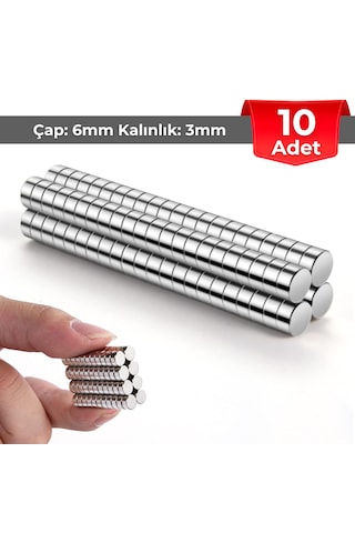 10 Adet Neodyum Mıknatıs Çap: 6mm Kalınlık: 3mm D6x3 Ndfeb Güçlü Mıknatıs Yuvarlak N086