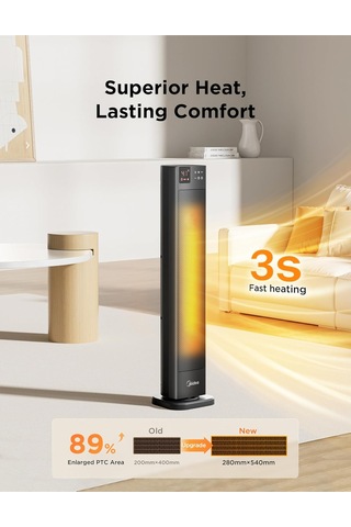 Midea 30 Inç Seramik Elektrikli Isıtıcı 2300w, Termostatlı, Uzaktan Kumandalı, 75 Salınım Panel Isıtıcı Siyah