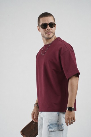 King Brich Oversize Kalıp Basic %100 Pamuklu Erkek Tişört Bordo