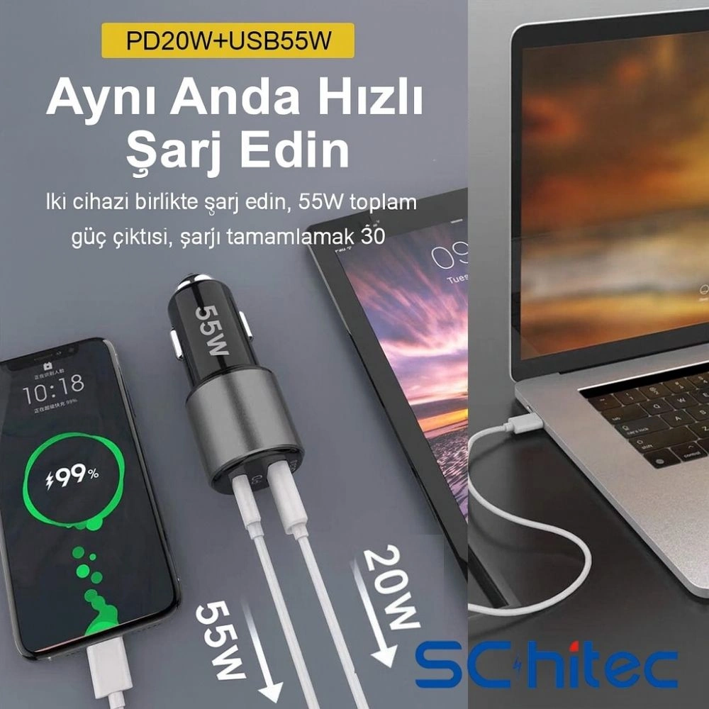 Schitec Usb-a 55w / Pd20w Çift Çıkışlı Süper Hızlı Araç Şarj Aleti Başlığı Ot704 -