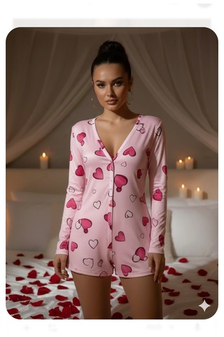 Trend Dokunuş Kadın Pamuklu Kalp Desenli Düğmeli Uzun Kollu Romantik Şortlu Gecelik Tulum Pembe