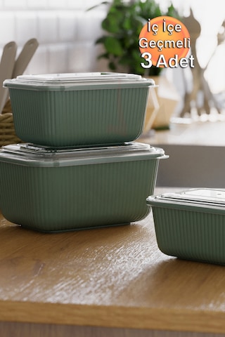 İç İçe Geçmeli Snaplid Dikdörtgen Saklama Kabı 600 - 1100 - 1800 Ml Üçlü Set Bej