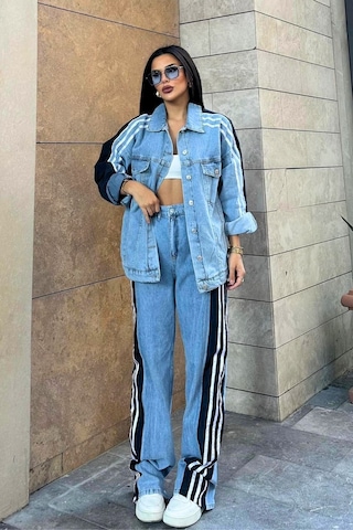 Kadın Siyah Kot Garnili Yanı Şeritli Palazzo Alt Üst Takım Çok Renkli