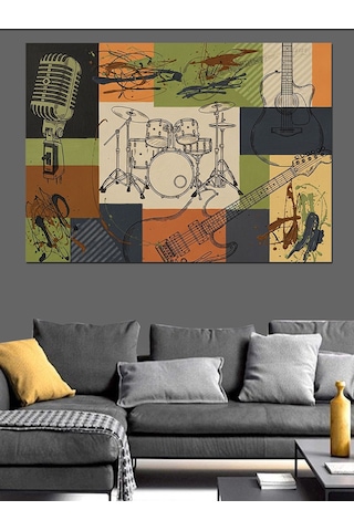 Müzik Aletleri Patch Work Dekoratif Kanvas - Mdf Ahşap Tablo