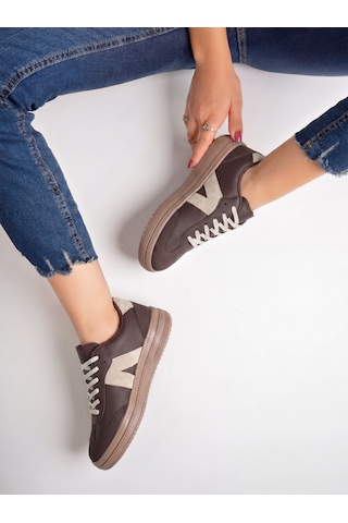 Kadın Sneaker Yüksek Taban Ortopedik Bağcıklı Spor Ayakkabı Retro Kahve-011 Beyaz