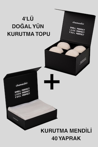 4'lü Doğal Yün Kurutma Topu Ve Kurutma Mendili Seti Çamaşırlarda Ekstra Yumuşaklık Beyaz