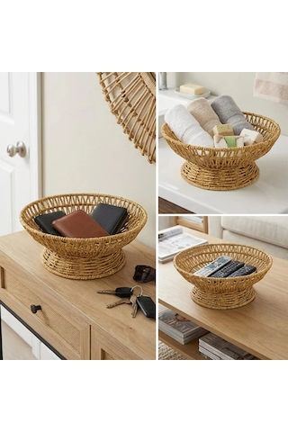 25 Cm Plastik Rattan Servis Çanağı Doğal Hasır Görünümlü Dekoratif Meyve, Ekmek Ve Sunum Kasesi 5