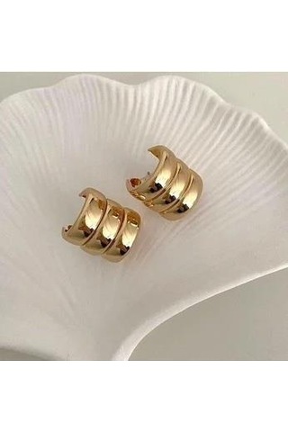 Üç Sıra Çoklu Görünüm Bombeli Çelik Küpe Gold Renk Sarı