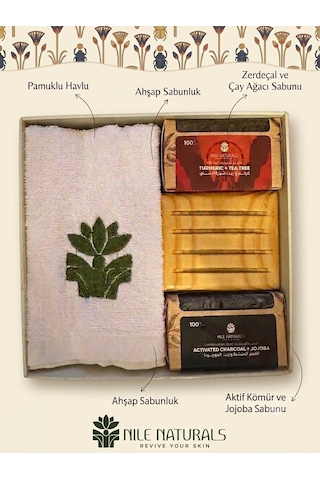 Nile Naturals Dünyaca Ünlü Meşhur Mısır Cilt Bakım Seti Zerdeçal & Çay Ağacı Sabunu, Aktif Kömür & Jojoba Sabunu, Ahşap Sabunluk Ve Pamuklu Havlu Hediye Seti