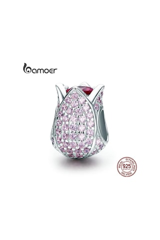 Bamoer Romantik 925 Ayar Gümüş Lale Çiçek Yaprakları Pembe Cz Boncuk Fit Kadın Bilezik Ve Kolye Gümüş - Pembe Altın