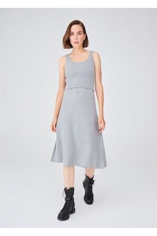 Peraluna Kloş Kesim Kaşmir Karışım Diz Altı Triko Etek Gri Melanj