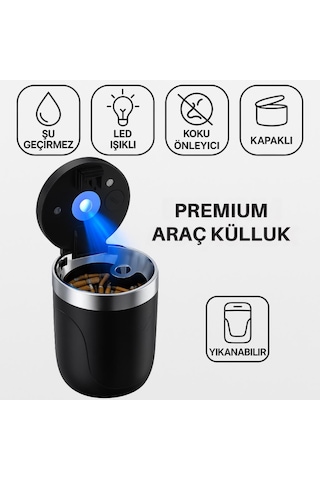 Coofbe Premium Car Ashtray Led Işıklı Taşınabilir Kapaklı Araba Küllük Kül Tablası Yıkanabilir Küllük