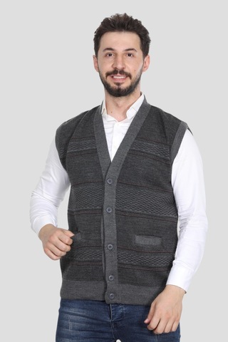 Kzc Tekstil Erkek Baba Orta Yaş Ve Üzeri Triko Örgü Akrilik Kışlık Kalın Dokulu Düğmeli Cepli Baba Yelek Gri