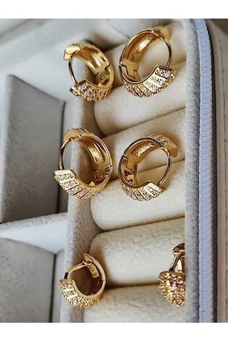 6'lı Oval Minimalist Hoop Zirkon Taşlı Altın Kaplama Gold Renk Küpe Seti Altın