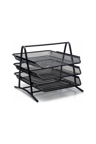 Evrak Rafı Metal Perforeli 3 Lü Siyah Metal Evrak Rafı