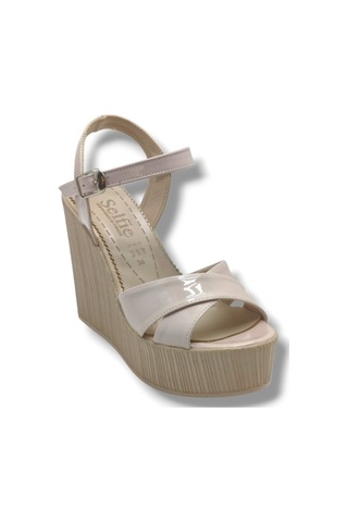 Selfie 4285-26 Rugan Çapraz Bant Yüksek Dolgu Taban Fashion Kadın Sandalet 11cm Bej