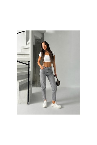 Bluemarlin Gri Kar Yüksek Bel Ön Bacak Taşlı Mom Jeans Kot Pantolon Gri Kar