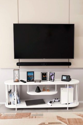Modern Tv Ünitesi Ahşap Raflı 2 Katlı Televizyon Sehpası Minimalist,dayanıklı, Tv Standı Beyaz Demir Beyaz