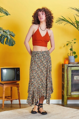 Beli Lastikli Bohem Tarz Desenli Volanlı Etek Haki