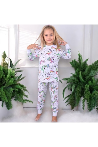 Kız Çocuk Gri Melange Üzeri Çok Renkli Sevimli Efsanevi At Desenli Basic Pijama Takımı 2 Parça Gri Melanj