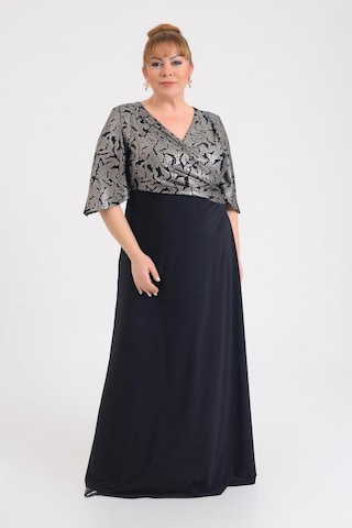 Lilas Xxl Kadın Büyük Beden Kruvaze Yaka Kısa Kollu Uzun Abiye Elbise 9670 Siyah Siyah