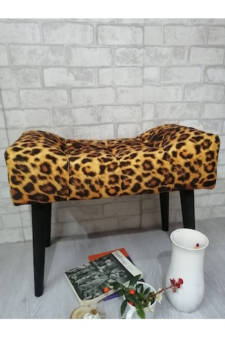 Puf . Leopar Desenli Siyah Ahşap Ayak Çima Dikiş Spor Modern Tasa