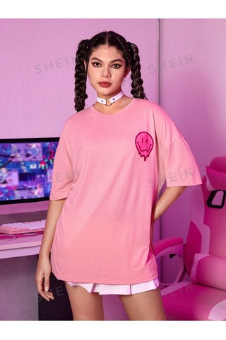T-shirt - Baskılı Oversize Bisiklet Yaka Kısa Kol Pembe Tişört Pembe
