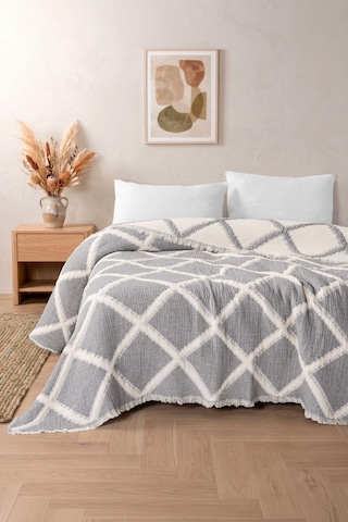 Varol Liora 7 Katlı Müslin Yatak Örtüsü Çift Kişilik Geometrik Desenli 230x250 Cm Gri