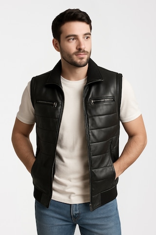 Derije Max Hakiki Deri Erkek Siyah Triko Detaylı Şişme Yelek