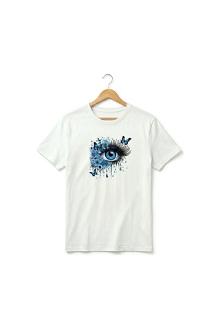 Kadın Beyaz , Siyah Pamuklu Mavi Çiçekler Kelebek Detaylı Göz Baskılı Rahat Kalıp T-shirt Beyaz