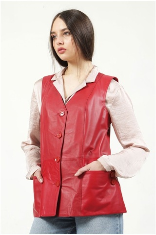 Dericlub Yb-2017 Gerçek Deri Kadın Yelek Kırmızı