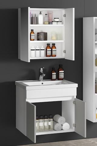 Çiğdem 65 Cm Beyaz-inox Balon Mdf Seramik Lavabolu Asma Banyo Dolabı Takımı
