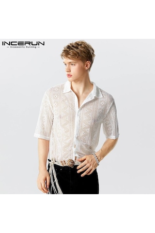 Incerun Yaz Erkek Yarım Kol Şeffaf Fileli İplik Dantel Gömlekler Beyaz