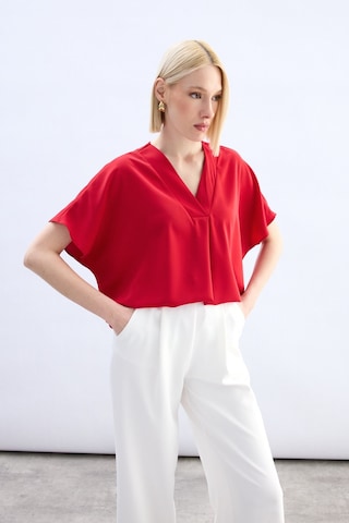 Sateen Geniş Kısa Kollu Bluz - Kırmızı-136764 Kırmızı