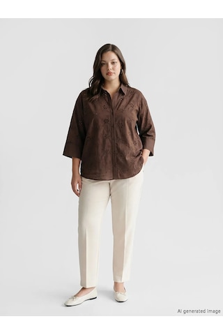 Lc Waikiki Kahverengi Ajurlu Oversize Kadın Gömlek