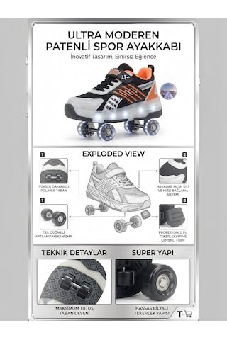 Enoch Çocuk Patenli Işıklı Tekerlekli Spor Ayakkabı & Rahat Cırt Cırtlı Kaykay Ayakkabı 4 Tekerli Sneaker Siyah - Turuncu