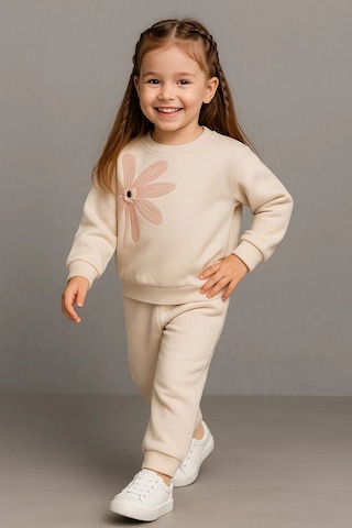 Büyük Çiçek Nakışlı %100 Pamuk 2 Li Çocuk Eşofman Takımı Bej